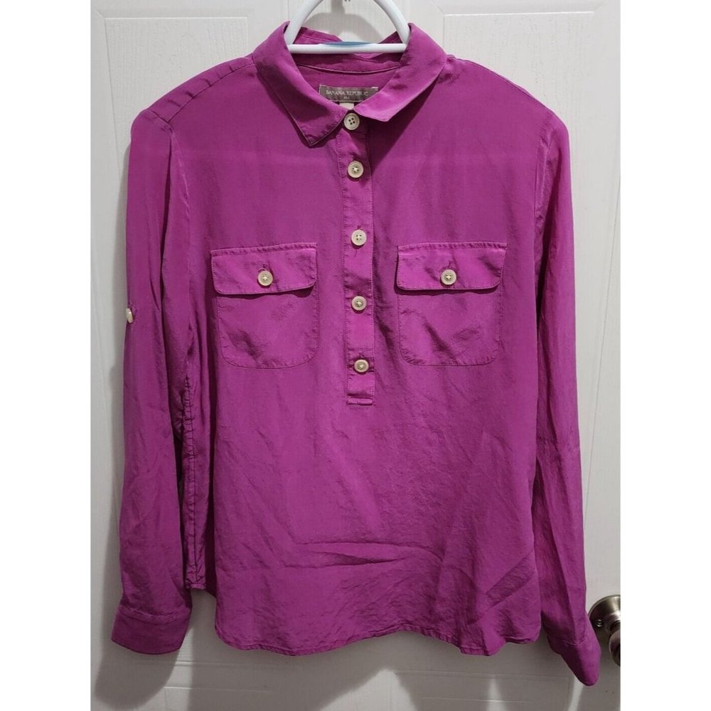 Banana Republic Women’s Long Sleeve Popover Driver Blouse Purple 100% Silk Sz S